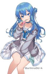 Rule 34 | 1girl, :d, blue eyes, blue hair, cardigan, choker, earrings, highres, hololive, hoshimachi suisei, jewelry, juice box, long hair, looking at viewer, open mouth, orihiro0614, pleated skirt, school uniform, serafuku, simple background, sitting, skirt, smile, solo, virtual youtuber, white background