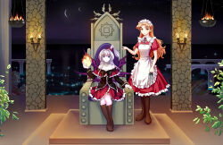 2girls absurdres apron bimep blonde_hair capelet dress fire fireball hair_bobbles hair_ornament hexagram highres long_hair maid maid_headdress makai_(touhou) multiple_girls multiple_moons multiple_wings mystic_square night ocean one_side_up plant puffy_short_sleeves puffy_sleeves red_capelet red_dress ribbon shinki_(touhou) short_sleeves side_ponytail sword throne torch touhou touhou_(pc-98) weapon wings yellow_eyes yumeko_(touhou)