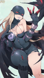 Rule 34 | 1girl, absurdres, belt, black bodysuit, blue background, bodysuit, breasts, buckle, cape, chain, claws, cleavage, collarbone, colored skin, dated, demon girl, digimon, digimon (creature), eyelashes, grey hair, grey skin, grin, highres, impossible bodysuit, impossible clothes, johnson zhuang, ladydevimon, large breasts, lipstick, long hair, looking at viewer, makeup, mask, red eyes, shiny skin, skin tight, skindentation, skull print, smile, solo, stitches, torn bodysuit, torn clothes