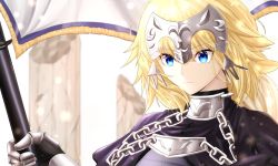 Rule 34 | 1girl, armor, armored dress, blonde hair, blue eyes, breasts, chain, collar, dress, fate/apocrypha, fate (series), faulds, flag, gauntlets, headpiece, highres, ilsa34660285, jeanne d&#039;arc (fate), jeanne d&#039;arc (ruler) (fate), large breasts, long hair, looking at viewer, metal collar, plackart, purple dress, solo, very long hair