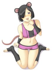 Rule 34 | 1girl, absurdres, aemu (august life), animal ears, bad link, bare shoulders, barefoot, black hair, blush, breasts, collarbone, commentary, commission, dellu (geenymous), dolphin shorts, english commentary, finger to tongue, full body, fur, hair over one eye, hand up, highres, large mouse (monster girl encyclopedia), looking at viewer, micro shorts, midriff, monster girl, monster girl encyclopedia, mouse ears, mouse girl, mouse tail, navel, open mouth, original, purple eyes, short hair, shorts, sitting, small breasts, solo, sports bra, tail, thigh gap, tongue, tongue out, transparent background, wariza