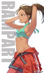 Rule 34 | 1girl, abs, animification, apex legends, armpits, arms up, breasts, brown hair, check commentary, commentary, commentary request, dark skin, facial mark, hair tie, hair tie in mouth, highres, jumpsuit, jumpsuit around waist, looking ahead, mouth hold, navel, orange jumpsuit, pants, ponytail, rampart (apex legends), sideboob, signature, simple background, small breasts, stomach, sweat, swimsuit, tan, tying hair, white background, yellow eyes, yokoi aya