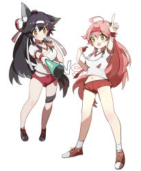 Rule 34 | 2girls, :d, ahoge, alternate costume, animal ear fluff, animal ears, black hair, blush, breasts, brown eyes, buruma, commentary request, green eyes, gym shirt, gym uniform, hair between eyes, hairband, highres, holding, holding megaphone, holding whistle, hololive, long hair, medium breasts, megaphone, multiple girls, navel, ookami mio, open mouth, outstretched arm, pink hair, pointing, red buruma, red hairband, sakura miko, shadowsinking, shirt, short sleeves, simple background, smile, tail, teeth, upper teeth only, v-shaped eyebrows, very long hair, virtual youtuber, whistle, whistle around neck, white background, white hairband, white shirt, wolf ears, wolf girl, wolf tail