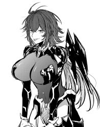 Rule 34 | 1girl, 893, ahoge, arm armor, armor, armored leotard, bodystocking, boobplate, breastplate, breasts, cleavage, covered navel, goddess of victory: nikke, greyscale, hair between eyes, hair intakes, highres, large breasts, long hair, looking at viewer, mechanical wings, monochrome, nihilister (nikke), see-through, see-through cleavage, sidelocks, simple background, solo, tongue, tongue out, torn bodystocking, torn clothes, white background, wings