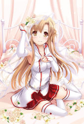 Rule 34 | 10s, 1girl, asuna (sao), bed, blush, brown eyes, brown hair, detached sleeves, flower, lily (flower), looking at viewer, nakajima yuka, rose, sitting, skirt, smile, solo, sword art online, thighhighs, veil, white thighhighs
