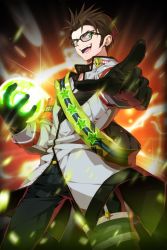 Rule 34 | 1boy, ball, black gloves, brown hair, comiccho, eric (soccer spirits), glasses, gloves, glowing, green eyes, jpeg artifacts, looking at viewer, male focus, open mouth, pointing, sash, soccer spirits, solo, standing, star (symbol)