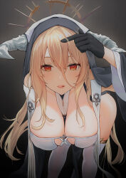 Rule 34 | 1girl, absurdres, adjusting hair, azur lane, bent over, between breasts, black gloves, blonde hair, breasts, cleavage, cross, dead knight (20355611), fake horns, gloves, gradient background, habit, hair between eyes, hand up, highres, horns, implacable (azur lane), large breasts, licking lips, light blush, lips, long bangs, long hair, long sleeves, looking at viewer, nun, orange eyes, solo, thighhighs, tongue, tongue out, traditional nun, very long hair, white thighhighs