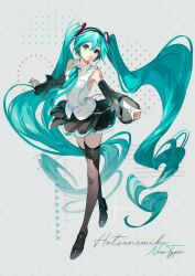 Rule 34 | 1girl, aqua eyes, aqua hair, aqua nails, aqua ribbon, arm tattoo, bare shoulders, black footwear, black headphones, black skirt, black sleeves, black thighhighs, black trim, blue trim, character name, collared shirt, commentary, detached sleeves, english text, full body, grey background, hair ornament, hatsune miku, hatsune miku (nt), headphones, highres, layered sleeves, long hair, long sleeves, looking at viewer, nail polish, neck ribbon, number tattoo, outstretched arms, piapro, pleated skirt, pointing, polka dot, ribbon, rumoon, see-through, see-through sleeves, shirt, shoes, simple background, skirt, sleeveless, sleeveless shirt, sleeves past wrists, smile, solo, standing, star (symbol), tattoo, thighhighs, twintails, very long hair, vocaloid, white shirt, white sleeves, wide sleeves, zettai ryouiki