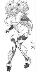 Rule 34 | 1girl, artist request, blush, breasts, curvy, full body, highleg, highleg leotard, highres, huge breasts, impossible clothes, impossible leotard, leotard, long hair, monochrome, narrow waist, onizaki kirara, open mouth, revealing clothes, simple background, solo, standing, sweat, taimanin (series), taimanin rpgx, taimanin suit, thong leotard, twintails, very long hair, white background, wide hips