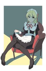Rule 34 | 1girl, apron, arm at side, black dress, black footwear, black pantyhose, blonde hair, border, breasts, brown eyes, chair, closed mouth, double-parted bangs, dress, full body, highres, knees together feet apart, long hair, long sleeves, maid, maid headdress, medium breasts, original, p1n, pantyhose, puffy short sleeves, puffy sleeves, red ribbon, ribbon, shadow, short sleeves, sitting, skirt hold, smile, solo, split mouth, straight hair, waist apron, white apron, white border, wing collar