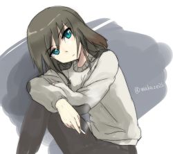 Rule 34 | 1girl, animal ears, black pantyhose, blue eyes, brown hair, cigarette, dog ears, elizabeth f. beurling, holding, holding cigarette, long hair, long sleeves, makaze (t-junction), pantyhose, sitting, smoke, solo, strike witches, sweater, twitter username, world witches series