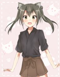 Rule 34 | :d, animal ears, brown skirt, cat ears, commentary, green eyes, green hair, highres, japanese clothes, kantai collection, long hair, looking at viewer, open mouth, pink background, shun (syun y1117), simple background, skirt, smile, solo, twintails, zuikaku (kancolle)