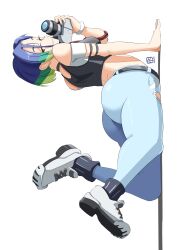 Rule 34 | 1girl, armlet, ass, automatic giraffe, black choker, black socks, black sports bra, blue hair, blue pants, breasts, brown eyes, camera, choker, commentary, creatures (company), dated, denim, english commentary, full body, game freak, green hair, grey footwear, highres, holding, holding camera, huge ass, jeans, legs up, looking at viewer, looking back, lying, medium breasts, midriff, multicolored hair, nintendo, on floor, on side, on stomach, pants, perrin (pokemon), pokemon, pokemon sv, rotated, short hair, single-lens reflex camera, socks, solo, sports bra, the pose, torn clothes, torn jeans, torn pants, undershirt, watch, wristwatch