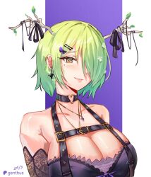 Rule 34 | 1girl, antler ribbon, antlers, bare shoulders, black dress, black ribbon, blush, bow, branch, breasts, ceres fauna, ceres fauna (goth), chest harness, choker, cleavage, dress, earrings, flower, genthus, goth fashion, green hair, hair bow, hair flower, hair ornament, hair over one eye, hairclip, harness, heart o-ring, hololive, hololive english, horns, jewelry, large breasts, looking at viewer, mole, mole under eye, necklace, o-ring, o-ring choker, off-shoulder shirt, off shoulder, official alternate costume, official alternate hairstyle, ribbon, shirt, short hair, simple background, sleeveless, sleeveless dress, solo, two-tone background, virtual youtuber, yellow eyes