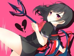 Rule 34 | 1girl, bad id, bad twitter id, black dress, black hair, blush, bow, bowtie, closed mouth, commentary request, cowboy shot, dress, from side, highres, holding, houjuu nue, karasusou nano, looking at viewer, one-hour drawing challenge, pink background, purple eyes, red bow, red bowtie, short sleeves, solo, touhou