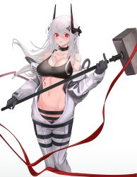 Rule 34 | 1girl, arknights, bare shoulders, black gloves, blush, breasts, cleavage, collar, collarbone, cropped legs, duplicate, gloves, groin, hair between eyes, hair ornament, hammer, highres, holding, holding hammer, holding weapon, horns, infection monitor (arknights), large breasts, long hair, long sleeves, looking at viewer, material growth, miyazaki-san (mmyyzk), mudrock (arknights), mudrock (elite ii) (arknights), navel, no panties, open clothes, oripathy lesion (arknights), parted lips, pointy ears, red eyes, silver hair, simple background, solo, sports bra, standing, stomach, weapon, white background