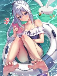 Rule 34 | 1girl, barefoot, bird, blue archive, blue halo, casual one-piece swimsuit, cellphone, closed mouth, dutch angle, feet, frilled one-piece swimsuit, frills, full body, grey hair, hair between eyes, hair ribbon, halo, hand up, highres, holding, innertube, knees together feet apart, legs, long hair, miyako (blue archive), miyako (swimsuit) (blue archive), nail polish, off-shoulder one-piece swimsuit, off shoulder, official alternate costume, on innertube, one-piece swimsuit, partially submerged, phone, ribbon, ryuinu, sandals, seagull, sidelocks, smartphone, soles, solo, spread toes, swim ring, swimsuit, thighs, toe scrunch, toenail polish, toenails, toes, unworn sandals, water