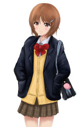 Rule 34 | 1girl, alternate costume, anglerfish, bag, black jacket, blazer, blush, bow, bowtie, brown eyes, brown hair, brown skirt, cardigan, carrying, closed mouth, commentary, cowboy shot, dress shirt, fish, frown, girls und panzer, hair ornament, hairclip, hands in pockets, highres, jacket, looking at viewer, miniskirt, nishizumi miho, open clothes, open jacket, pleated skirt, red bow, red bowtie, school bag, school uniform, shirt, short hair, simple background, skirt, solo, standing, white background, white shirt, wing collar, yellow cardigan, zaofeng