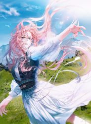Rule 34 | 1girl, absurdres, blue eyes, day, dress, ea ateu, highres, long hair, outdoors, pink hair, puffy sleeves, smile, solo