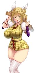 Rule 34 | 1girl, arm up, blonde hair, blush, breasts, commentary request, covered erect nipples, curvy, double bun, dress, ebi 193, feet out of frame, hair bun, hair ribbon, hand up, haniwa (statue), holding, huge breasts, joutouguu mayumi, looking at viewer, no pants, open mouth, panties, pantyshot, phallic symbol, puffy short sleeves, puffy sleeves, ribbon, shirt, short dress, short hair, short sleeves, sidelocks, simple background, solo, standing, thick thighs, thighhighs, thighs, touhou, underwear, vambraces, white background, white panties, white ribbon, white shirt, white thighhighs, wide hips, yellow dress, yellow eyes