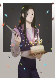 Rule 34 | 1boy, absurdres, birthday, bishounen, blue pants, blush, cake, confetti, cropped jacket, empty eyes, feet out of frame, food, highres, holding, holding cake, holding food, hunter x hunter, illumi zoldyck, long hair, looking to the side, male focus, pants, punim410, skinny, solo