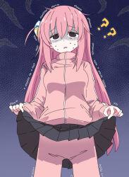 Rule 34 | 1girl, ?, ??, black skirt, bocchi the rock!, breasts, clothes lift, commentary request, cube hair ornament, gotoh hitori, hair ornament, ixy, lifting own clothes, long hair, long sleeves, medium breasts, pink hair, pink track suit, pleated skirt, skirt, skirt lift, solo, standing, sweat, track suit, trembling