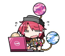 Rule 34 | 1girl, = =, bare shoulders, brand name imitation, chain, chibi, clothes writing, collar, computer, earth (ornament), flustered, hat, hecatia lapislazuli, hemogurobin a1c, laptop, long hair, moon (ornament), open mouth, parody, pun, red hair, shirt, solo, t-shirt, tears, touhou, wavy mouth
