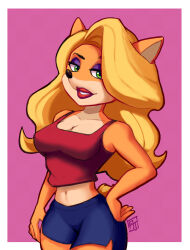 Rule 34 | 1girl, alex toons, blonde hair, blue shorts, border, breasts, crash bandicoot (series), furry, furry female, green eyes, hand on own hip, highres, initial, large breasts, long hair, looking at viewer, midriff, pink background, red lips, red shirt, shirt, short shorts, shorts, simple background, sleeveless, solo, tawna bandicoot, watermark, white border