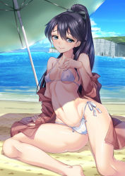 Rule 34 | 10s, 1girl, bad id, bad pixiv id, bare shoulders, beach, beach umbrella, bikini, black hair, blue eyes, breasts, cameltoe, cloud, covered erect nipples, day, groin, hair between eyes, highres, houshou (kancolle), kantai collection, long sleeves, looking at viewer, navel, ocean, off shoulder, outdoors, ponytail, sand, shirokuma a, shore, side-tie bikini bottom, sky, small breasts, smile, solo, star (symbol), star print, sweat, swimsuit, umbrella, water, white bikini