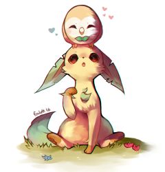 Rule 34 | artist name, bird, blue flower, blush, brown eyes, creatures (company), dated, closed eyes, flower, foxlett, full body, game freak, gen 4 pokemon, gen 7 pokemon, grass, hand up, heart, highres, leafeon, light blush, looking at another, looking up, nintendo, open mouth, owl, pawpads, pokemon, pokemon (creature), red flower, rowlet, signature, simple background, sitting, sitting on head, sitting on person, spread legs, white background