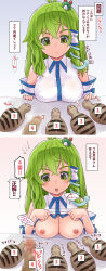 Rule 34 | 1girl, ahoge, blush, breasts, clothes lift, collared shirt, dated, detached sleeves, erection, flashing, frog hair ornament, green eyes, green hair, hair ornament, highres, japanese clothes, kei jiei, kochiya sanae, large breasts, long hair, long sleeves, medium breasts, miko, nipples, no bra, penis, shirt, shirt lift, simple background, snake hair ornament, touhou, translated, tsuchinoko, white sleeves, wide sleeves