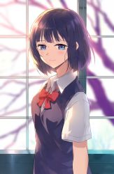 Rule 34 | 10s, 1girl, :|, arms at sides, baisi shaonian, bare tree, blue eyes, blunt bangs, blurry, blush, bow, bowtie, closed mouth, collared shirt, commentary request, day, depth of field, expressionless, highres, indoors, kuzu no honkai, lips, looking at viewer, pink lips, purple hair, red bow, red bowtie, school uniform, shirt, short hair, short sleeves, solo, sunlight, sweater vest, tree, upper body, white shirt, window, wing collar, yasuraoka hanabi