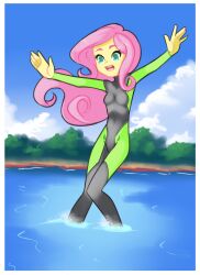 Rule 34 | 1girl, bodysuit, breasts, cloud, colored skin, diving suit, drantyno, fluttershy, green bodysuit, green eyes, hasbro, highres, long hair, my little pony, my little pony: equestria girls, my little pony: friendship is magic, ocean, open mouth, partially submerged, pink hair, sky, small breasts, smile, standing, teeth, water, wetsuit, yellow skin