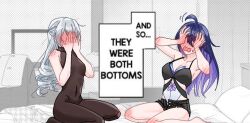 Rule 34 | 2girls, ahoge, and so they were both bottoms (meme), bed, black shorts, blue hair, blush, breasts, bronya rand, cleavage, colored inner hair, commentary, covering face, drill hair, english commentary, english text, grey hair, honkai: star rail, honkai (series), kneeling, long hair, medium breasts, meme, multicolored hair, multiple girls, no eyes, on bed, open mouth, pillow, seele (honkai: star rail), shorts, shoulder blush, sitting, wprtms, yuri