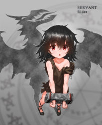 Rule 34 | 1girl, :o, bare arms, bare shoulders, black footwear, black hair, bound, bound wrists, brown shirt, collarbone, commentary request, different shadow, dragon, dragon wings, fate (series), flat chest, from above, full body, hair between eyes, highres, looking at viewer, looking up, open mouth, original, red eyes, rider (fate), shadow, shirt, shoes, solo, standing, tom-neko (zamudo akiyuki), wings