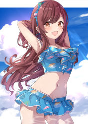 Rule 34 | 1girl, :d, alisia0812, armpits, arms behind head, arms up, bare arms, bikini, bikini skirt, blue sky, breasts, brown eyes, brown hair, cleavage, cloud, cloudy sky, collarbone, commentary request, cowboy shot, crop top, day, hairband, highres, idolmaster, idolmaster shiny colors, long hair, looking at viewer, medium breasts, midriff, navel, open mouth, osaki amana, sidelocks, sky, smile, solo, standing, swimsuit, thighs