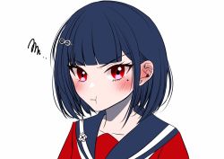 Rule 34 | 1girl, alternate hair length, alternate hairstyle, black hair, blunt bangs, blush, collarbone, commentary request, danganronpa (series), danganronpa v3: killing harmony, earrings, face, hair ornament, hairclip, harukawa maki, highres, jewelry, looking at viewer, mole, mole under eye, no nose, pout, red eyes, red shirt, sailor collar, satori (aosky9077), shirt, short hair, simple background, solo, white background