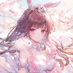 Rule 34 | 1girl, absurdres, animal, animal ears, animal on shoulder, artist request, bare shoulders, branch, breasts, brown hair, douluo dalu, dress, falling petals, floating hair, hair ornament, hand up, highres, long hair, medium breasts, parted lips, petals, pink dress, pink eyes, rabbit, rabbit ears, second-party source, solo, xiao wu (douluo dalu)