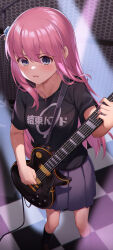 Rule 34 | 1girl, absurdres, black shirt, black socks, blue eyes, bocchi the rock!, cube hair ornament, electric guitar, gotoh hitori, grey skirt, guitar, hair ornament, highres, holding, holding instrument, instrument, long hair, music, open mouth, pink hair, pizza (pizzania company), playing instrument, pleated skirt, shirt, shoes, short sleeves, sidelocks, skirt, socks, solo, standing, sweat