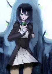 Rule 34 | 1girl, amputee, aqua eyes, bad id, bad pixiv id, black hair, collar, doko tetora, dress, expressionless, green eyes, hand on own chest, head tilt, long sleeves, looking at viewer, original, pantyhose, parted lips, short hair, solo, standing