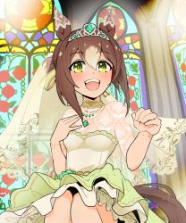 Rule 34 | alternate costume, amida murasaki, animal ears, breasts, cheerleader, church, cleavage, commentary request, dress, fine motion (umamusume), green eyes, hair between eyes, highres, horse ears, horse tail, jewelry, looking at viewer, necklace, see-through, see-through cleavage, small breasts, tail, tiara, umamusume, wedding dress
