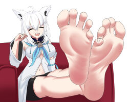 1girl barefoot breasts commentary conejologia feet foot_focus highres hololive large_breasts shirakami_fubuki soles toes virtual_youtuber