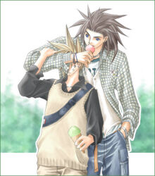 Rule 34 | 2boys, alternate costume, anger vein, annoyed, arm up, bad id, bag, black hair, black shirt, blonde hair, blue eyes, bracelet, brown pants, brown sweater vest, cloud strife, collared shirt, commentary request, contemporary, covering another&#039;s eyes, day, denim, eating, final fantasy, final fantasy vii, foliage, food, food in mouth, frown, hand in pocket, hand on another&#039;s arm, hand up, happy, holding, holding food, holding ice cream, ice cream, ice cream cone, jeans, jewelry, layered shirt, long hair, long sleeves, looking to the side, lowres, male focus, multiple boys, necklace, open clothes, open shirt, outdoors, outline, pants, plaid, plaid shirt, rendezvous, shirt, shoulder bag, smile, spiked hair, standing, sweater vest, thick eyebrows, upper body, vest, white outline, white shirt, white vest, zack fair