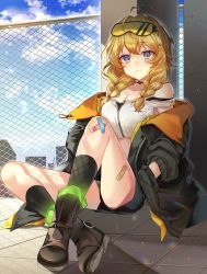 Rule 34 | 1girl, antenna hair, ass, bad id, bad pixiv id, bandaid, bare shoulders, black footwear, black jacket, black shorts, black socks, blonde hair, boots, braid, breasts, camisole, chain-link fence, choker, cleavage, crop top, day, fence, goggles, goggles on head, grey eyes, hand in pocket, highres, ion (on01e), jacket, knee up, kneehighs, long hair, long sleeves, looking at viewer, low twintails, medium breasts, midriff, off shoulder, open clothes, open jacket, original, outdoors, revision, shirt, short shorts, shorts, sitting, sleeveless, sleeveless shirt, smile, socks, solo, spaghetti strap, strap slip, thighs, twin braids, twintails, undershirt, white shirt