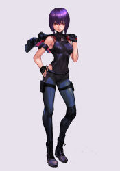 Rule 34 | 1girl, arm strap, black gloves, black jacket, black leotard, boots, breasts, closed mouth, commentary, contrapposto, cross-laced footwear, fingerless gloves, full body, ghost in the shell, ghost in the shell: sac 2045, gloves, grey background, hair between eyes, hungry clicker, jacket, jacket over shoulder, knee pads, kusanagi motoko, leotard, lips, looking at viewer, medium breasts, pouch, purple footwear, purple hair, red eyes, short hair, simple background, sleeveless, smile, solo, standing, straight hair, thigh pouch, thigh strap, unworn jacket
