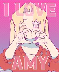 Rule 34 | 1girl, beatrice reden, blonde hair, copyright name, gradient background, heart, heart-shaped pupils, heart hands, highres, i love amy, long hair, looking at viewer, one eye closed, pink background, puckered lips, purple background, red sweater, shirt, solo, straight-on, sweater, symbol-shaped pupils, twintails, unn1666, upper body, white shirt