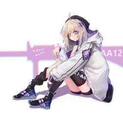 Rule 34 | 1girl, aa-12 (girls&#039; frontline), absurdres, ahoge, artist name, asymmetrical legwear, black footwear, black gloves, black headwear, black shirt, black shorts, black thighhighs, blonde hair, blue eyes, blush, boots, candy, character name, dated, food, from side, full body, girls&#039; frontline, gloves, hair ornament, hamakaze (ice), highres, holding, holding candy, holding food, holding lollipop, hood, hooded jacket, jacket, lollipop, long hair, long sleeves, looking at viewer, nail polish, on floor, open clothes, open jacket, open mouth, parted lips, purple nails, shadow, shirt, shorts, simple background, single glove, solo, star (symbol), star hair ornament, thighhighs, white background, white jacket