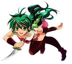 Rule 34 | 00s, ahoge, choker, creature, dagger, deltora quest, full body, green eyes, green hair, holding, holding dagger, holding knife, holding weapon, jasmine (deltora quest), knife, long hair, messy hair, open mouth, running, shuragyoku mami, simple background, skirt, smile, solo, thighhighs, weapon