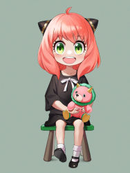 Rule 34 | 1girl, :d, ahoge, anya (spy x family), baby doll socks, black dress, black footwear, chair, child, commentary request, director chimera (spy x family), dress, green eyes, grey background, grey socks, hairpods, highres, himmel (allsky83), holding, holding stuffed toy, medium hair, open mouth, pink hair, simple background, sitting, smile, socks, solo, spy x family, stuffed toy, teeth, upper teeth only
