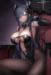 Rule 34 | 1girl, alternate costume, animal ears, arm up, armpits, august von parseval (azur lane), azur lane, bare shoulders, between breasts, black gloves, black hair, black leotard, breasts, brown pantyhose, center opening, cleavage, curled horns, detached collar, elbow gloves, expressionless, fake animal ears, fine fabric emphasis, gloves, hair over one eye, highleg, highleg leotard, highres, horns, large breasts, leotard, long hair, looking at viewer, mizuya nao, pantyhose, playboy bunny, purple eyes, sitting, solo, strapless, strapless leotard, very long hair